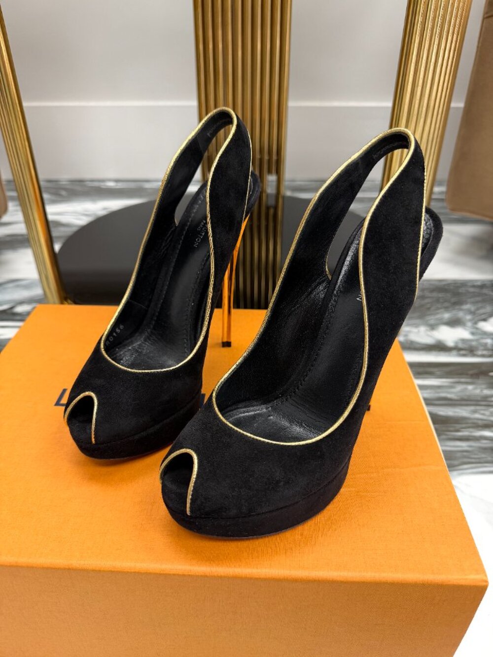 Louis Vuitton Black Suede Platform Heels Gold Heel Peep Toe Pumps Size 37 - Picture 14 of 16